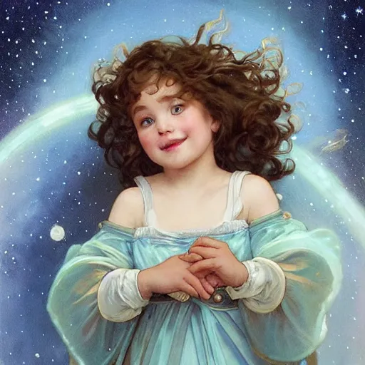 Image similar to a cute little girl with a round cherubic face, blue eyes, and short curly light brown hair smiles as she floats in space with stars all around her. She is wearing a turquoise dress. Beautiful painting by Artgerm and Greg Rutkowski and Alphonse Mucha