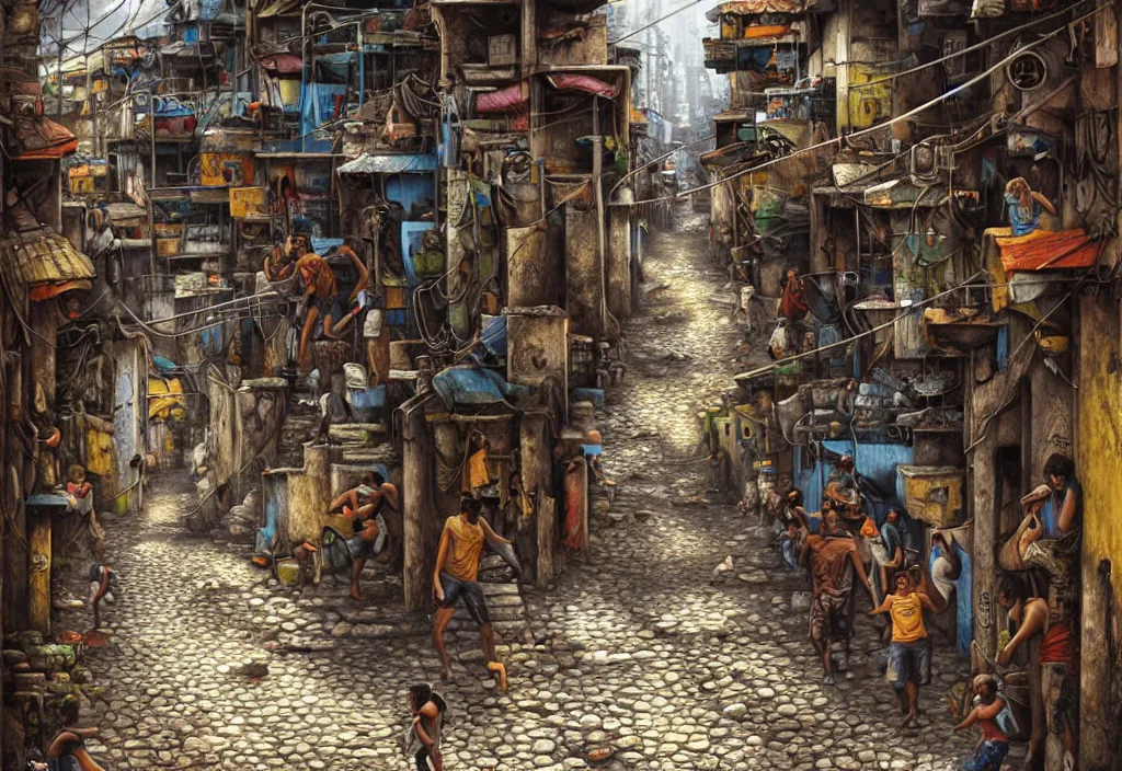 Image similar to photorealistic favela rocinha rio de janeiro with precise rendered alleys with intricate details of gun happy people in alley close view by Justin Gerard