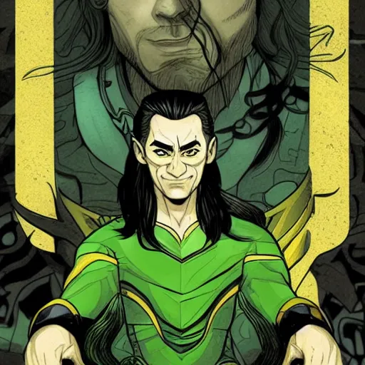 Image similar to The artwork is conceptual artwork for a graphic novel that shows Loki, the god of mischief, in a variety of emotional states. Lee Garbell produced the artwork in 2015. The illustration is wonderfully detailed, and each expression on Loki's face is well captured.