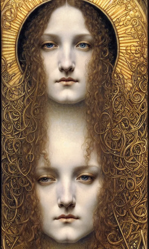 Image similar to detailed realistic beautiful young medieval queen face portrait by jean delville, gustave dore and marco mazzoni, art nouveau, symbolist, visionary, gothic, pre - raphaelite. horizontal symmetry