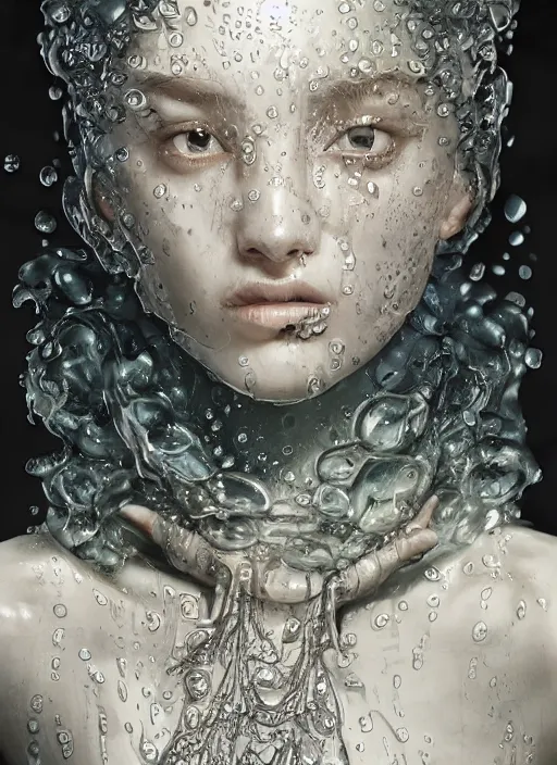 Image similar to sculpture made of water, portrait, female, future, shaman, harper's bazaar, vogue, magazine, insanely detailed and intricate, concept art, close up, wet, ornate, luxury, elite, elegant, trending on artstation, by ruan jia, by Kenneth Willardt, by ross tran, by WLOP, by Andrei Riabovitchev,