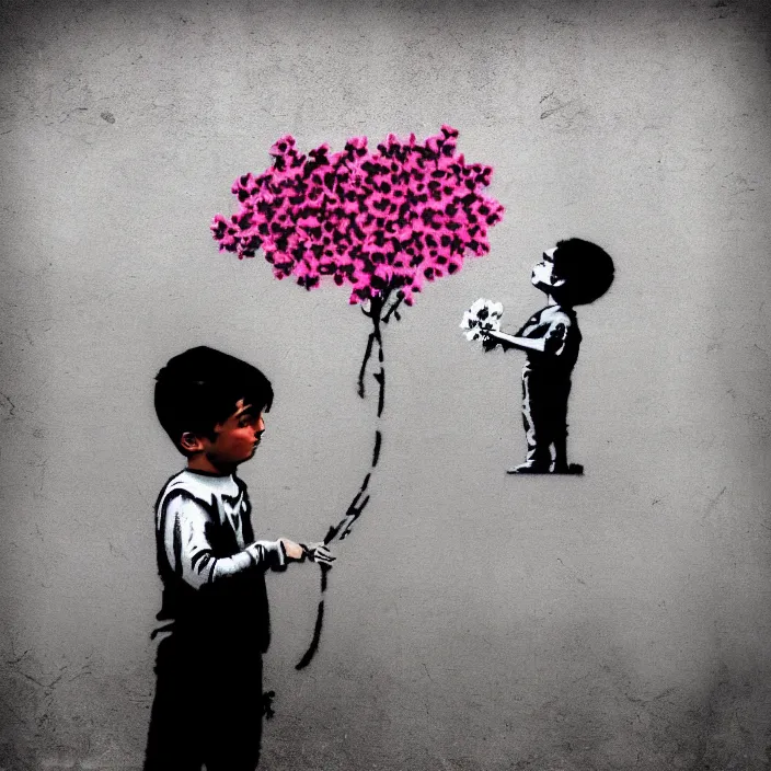 Image similar to a boy holding flowers in the style of Banksy, graffiti, digital art