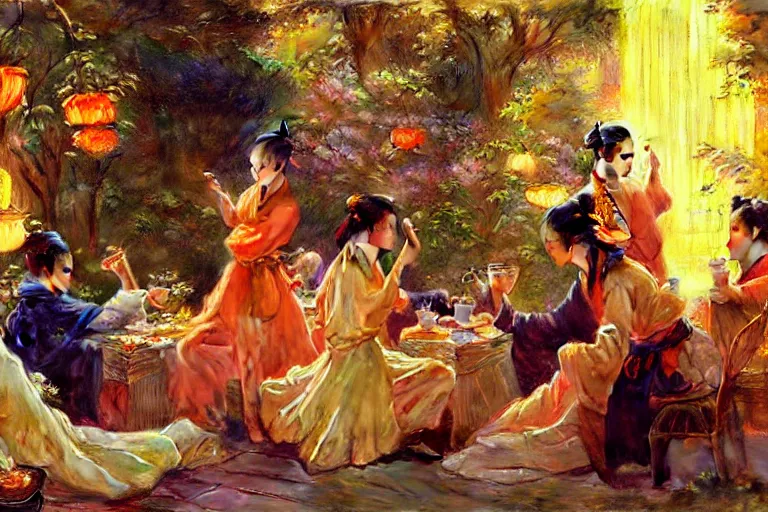 Image similar to wuxia, autumn, people drinking tea in garden, neon light, apricot flower falling, painting by gaston bussiere, craig mullins, j. c. leyendecker