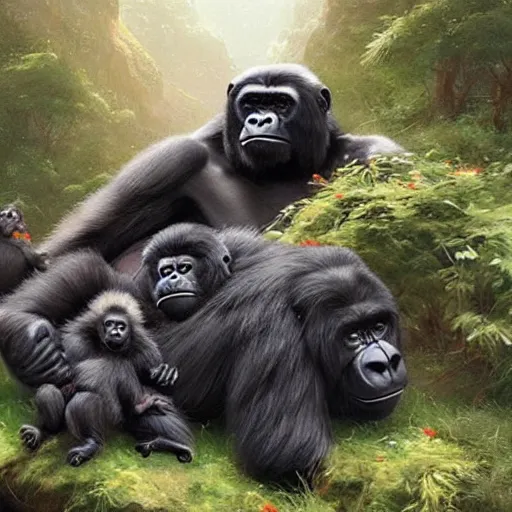 Prompt: Very furry Mountain Gorillas relaxing with their adorable gorilla babies, by Greg Rutkowski and Thomas Kinkade, trending on artstation 4k.
