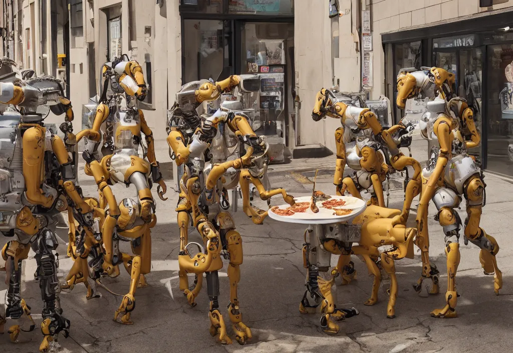 Image similar to accidentally wes anderson award - winning photograph of boston dynamics robots on a lunch break eating pizza and drinking coffee, epic calmness scene, 4 k, detailed, art by greg rutkowsky, trending on artstation, cinematic lighting, filmic grain, golden hour, detailed, 4 k