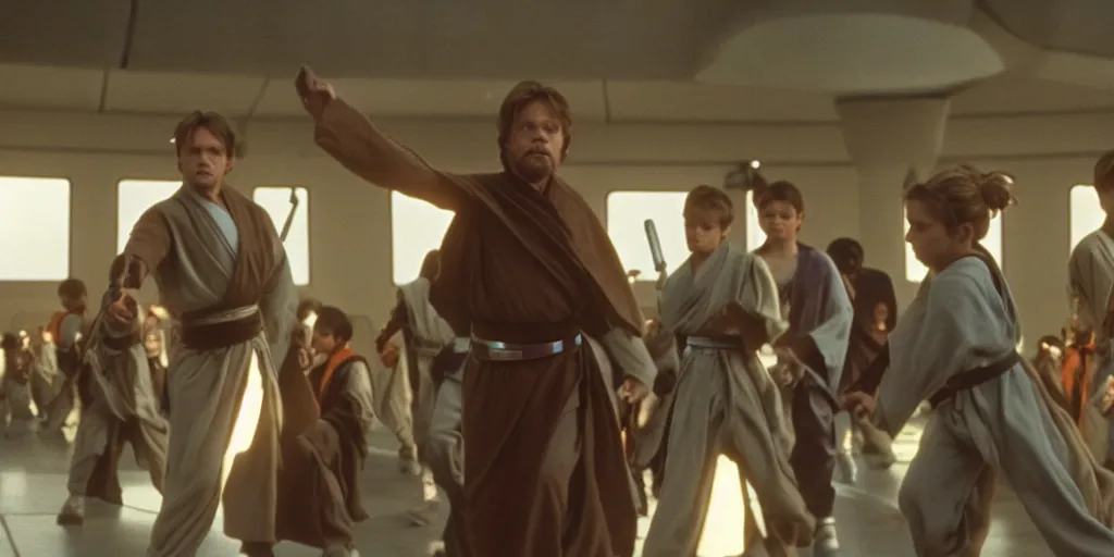 Image similar to A full color still of Mark Hamill as Jedi Master Luke Skywalker training a diverse room of young Jedi padawans, with large windows showing a sci-fi city outside, at dusk at golden hour, from The Phantom Menace, directed by Steven Spielberg, 1997