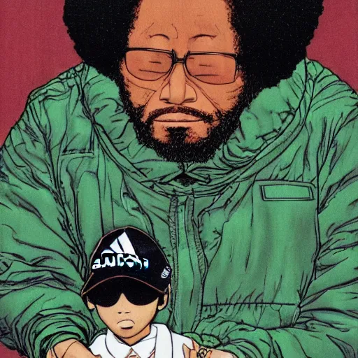 Image similar to illustration by katsuhiro otomo, black man with afro hair, raspy beard stubble, wearing an adidas army green jacket, in the streets of tokyo, akira style, by katsuhiro otomo