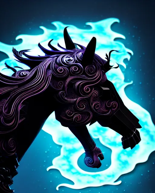 Image similar to 3 d ornate carved dark cosmic horse with profile portrait, sigma 5 0 0 mm f / 5. beautiful intricate highly detailed horse skull. bioluminescent, plasma, lava, ice, water, wind, creature, thunderstorm! artwork by tooth wu and wlop and beeple and greg rutkowski, 8 k trending on artstation