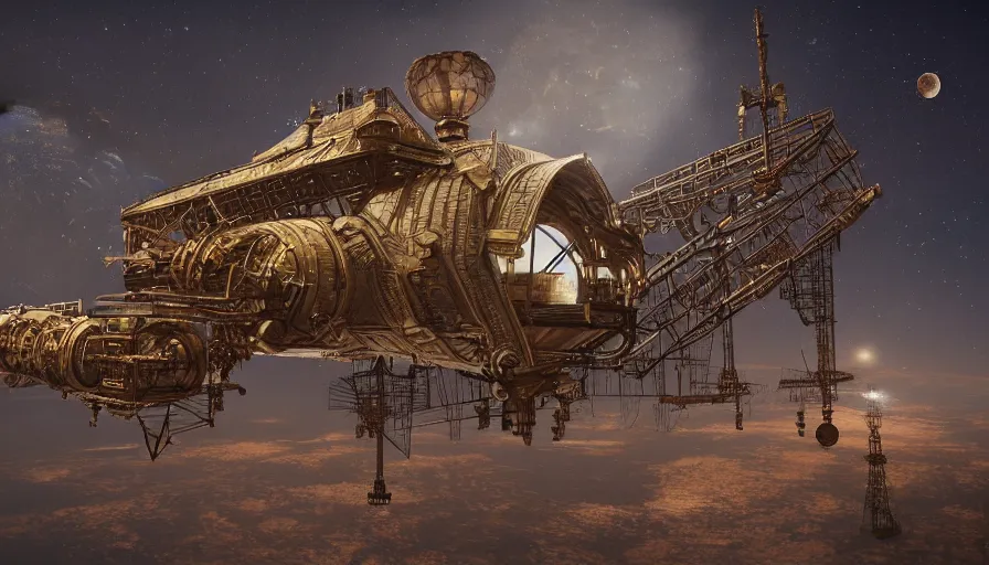 Prompt: a victorian-era 1890\'s space station made of iron and wood in orbit, ultra-realistic, 4K, color, trending on artstation