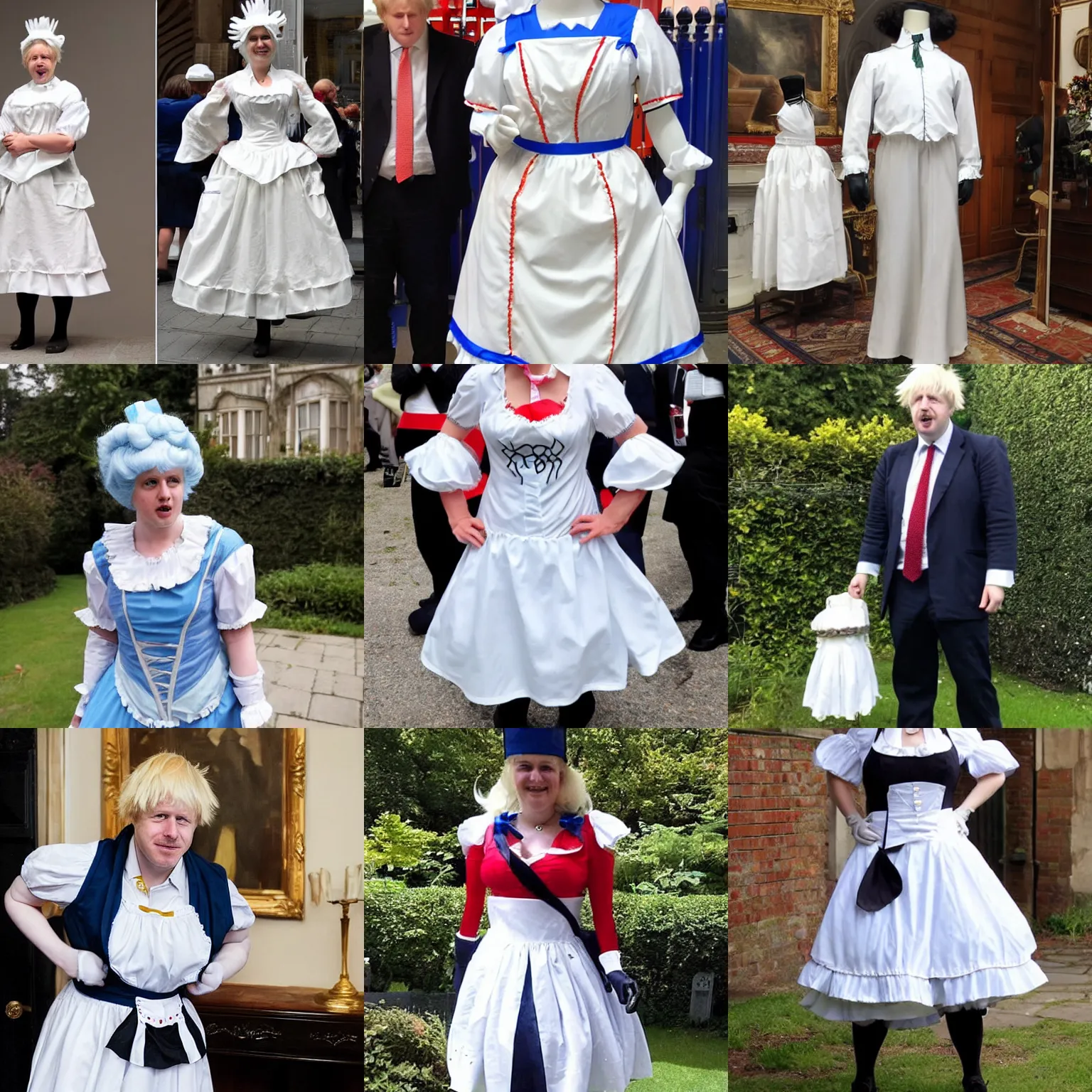 Prompt: a maid costume worn by surprised boris johnson