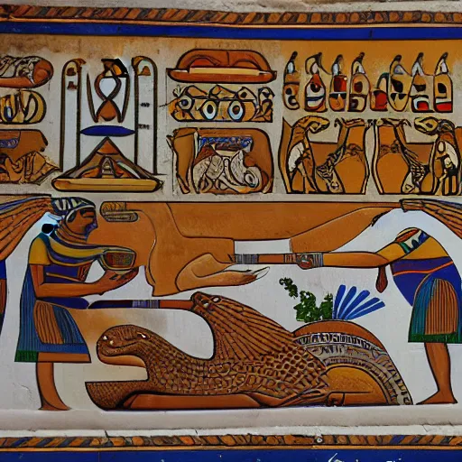 Image similar to Egyptian mural depicting otters baking bread