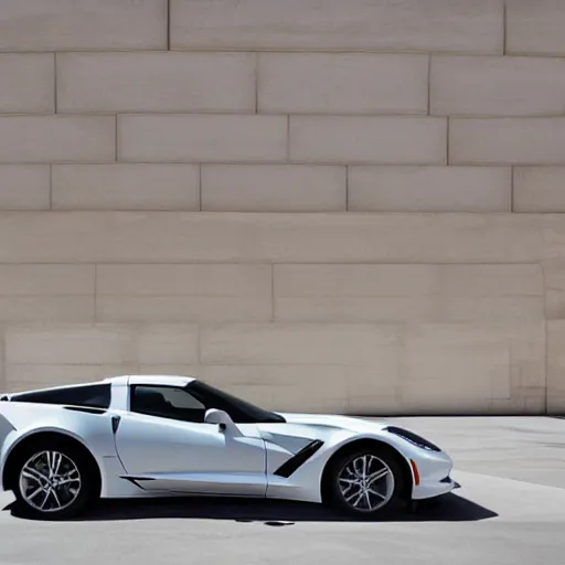 Image similar to corvette on front of building designed by zaha hadid, photorealistic, morning light