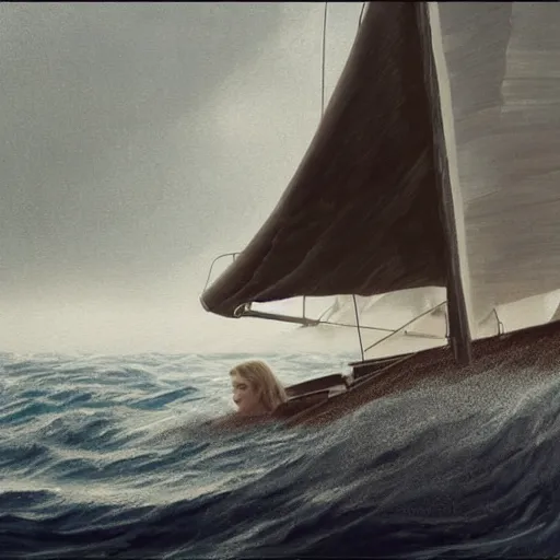 Image similar to silhouette of Elle Fanning on a boat at sea, stormy weather, extremely detailed realist masterpiece, oil on canvas, low-key neon lighting, artstation, Blade Runner 2049, Roger Deakin’s cinematography, by J. C. Leyendecker and Peter Paul Rubens,