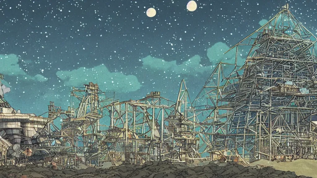 Image similar to a movie still from a studio ghibli film showing a huge industrial mining facility. a pyramid is under construction in the background, in the rainforest on a misty and starry night. by studio ghibli