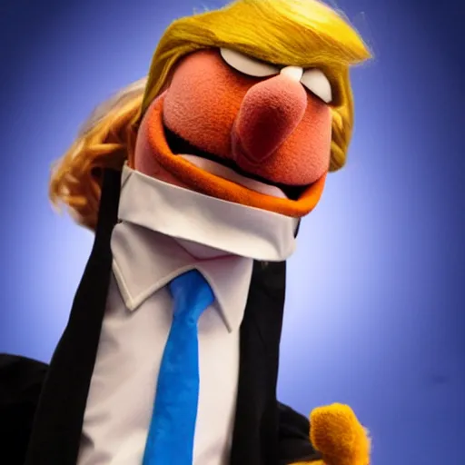 Image similar to Donald Trump realistic Muppet puppet, wide lens, diorama, 4k,