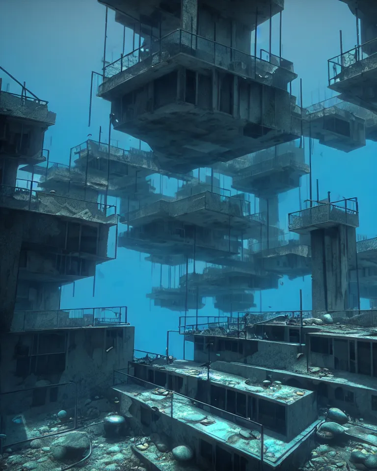 Prompt: an abandoned underwater Barcelona city, post-apocalyptic, metaphysical painting, cgsociety, rendered in unreal engine