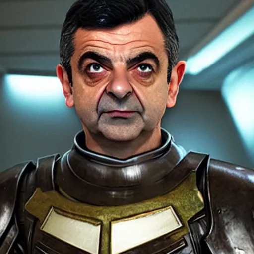 Prompt: photo of rowan atkinson in mandelorian armor, high res, realistic, high detail