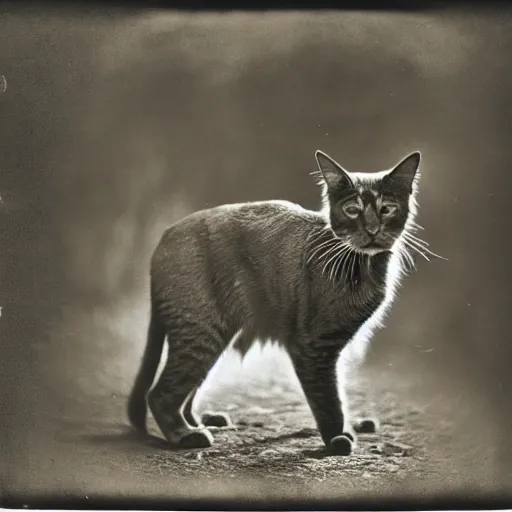 Prompt: A sepia-toned wet plate photograph, analog, of a somali cat in the forest, circa 1912