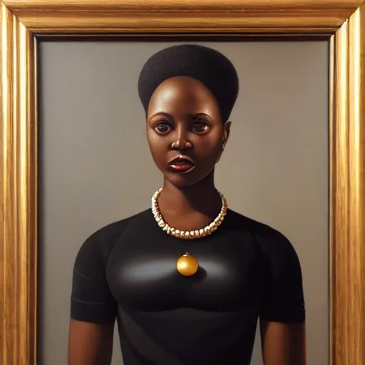 Image similar to a painting of a woman wearing a black dress, a portrait by kadir nelson, trending on cgsociety, afrofuturism, hyper realism, detailed painting, rococo