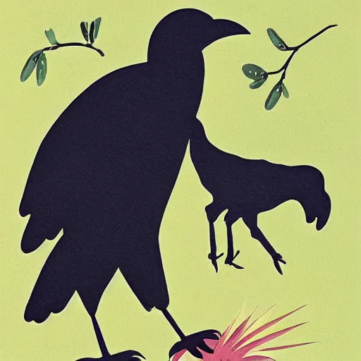 Prompt: a crow trying to grab a ram, children's book illustration, in the style of Emilia Dziubak,
