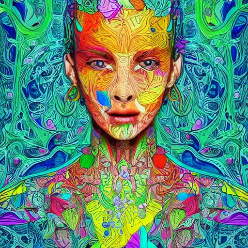 Image similar to the portrait of a beautiful young woman partially made up of bell peppers of all colors, an ultrafine detailed illustration by james jean, intricate linework, bright colors, final fantasy, behance contest winner, vanitas, angular, altermodern, unreal engine 5 highly rendered, global illumination, radiant light, detailed and intricate environment