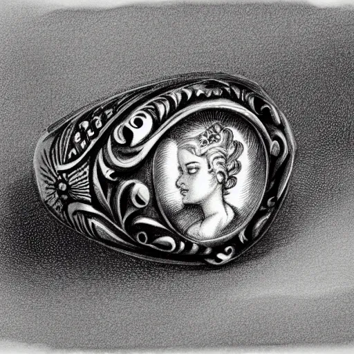 Image similar to artisan sketching of a ring with a cameo ornament, technical, fill page, highly detailed, 8 k