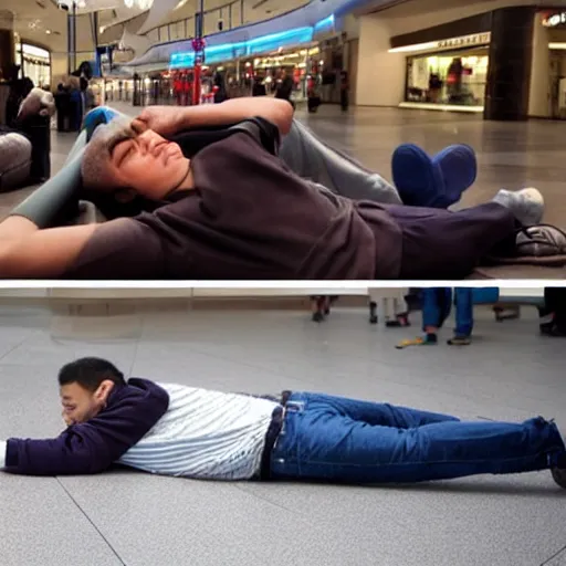 Image similar to man lying face - flat on the floor in the mall