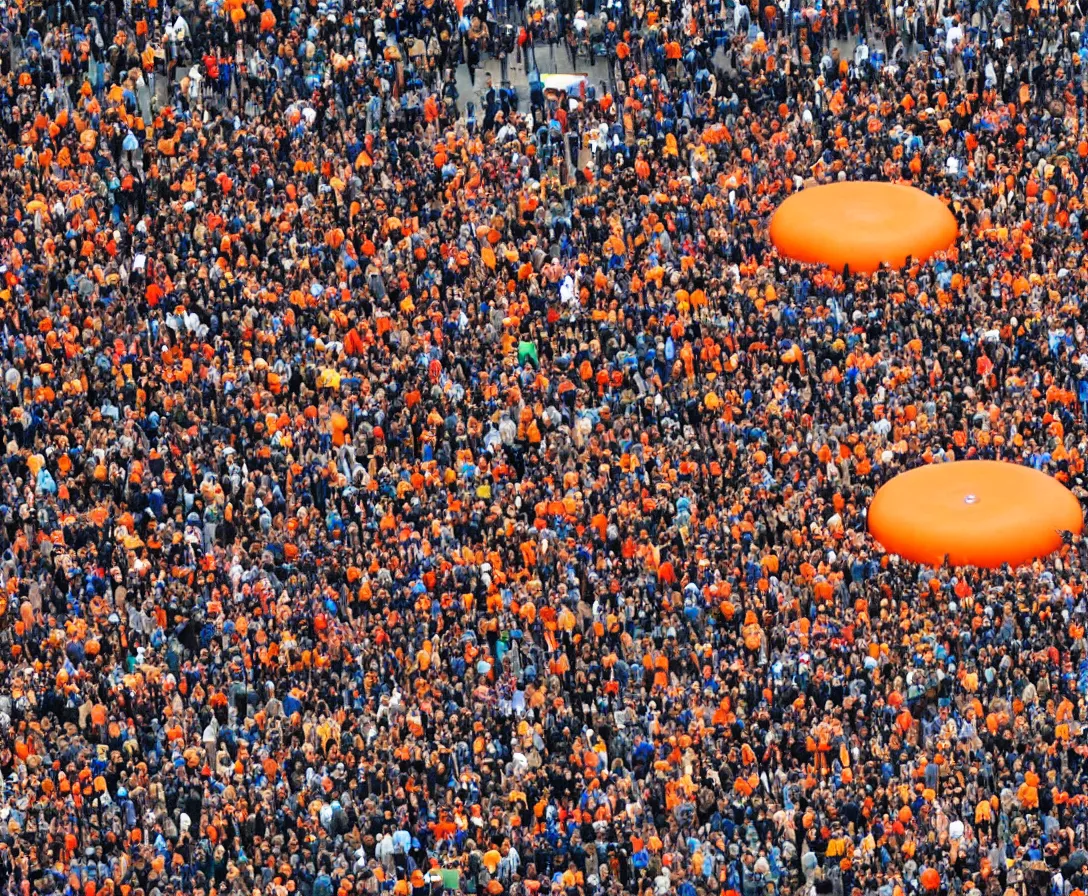 Prompt: a huge orange ring which is used for transport, in front of it are many people that want to travel with it, they have to hop on a giant moving floor to reach the ring