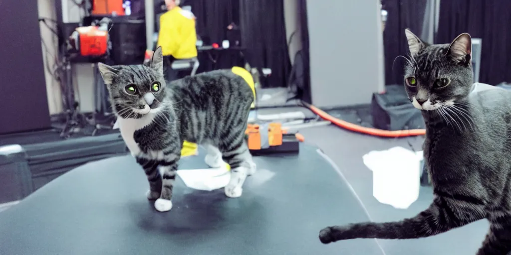 Image similar to a photo of a cat wearing a mocap suit on a volume stage