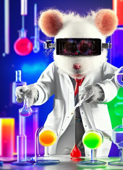 Prompt: a 3D render of a cute fuzzy pet rat dressed in a white lab coat and safety goggles, mixing colorful chemicals in a chemistry lab, bokeh, Canon 50mm, cinematic lighting, volumetric light, octane, octane render, redshift render