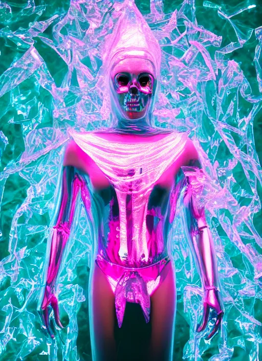 Image similar to photo of fullbodied baroque and bladerunner delicate neon diamond sculpture of seductive ceramic albino marble prince brian whittaker dotado mint iridescent humanoid deity wearing pink plastic trashbag hooded cloak holding diamond skull in a white alien dungeon, reclining, glowing magenta face, crown of white diamonds, cinematic lighting, photorealistic, octane render 8 k depth of field 3 d