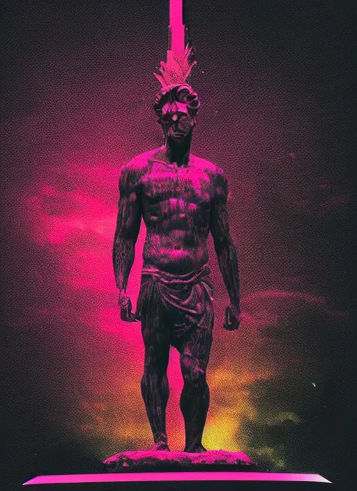 Image similar to black background with very subtle red and purple design elements, statue of david, powerful, nekro, graphic design, collage art, thin lines, dark, glitch art, neo vaporwave, gritty, layout frame, square, trending on artstation