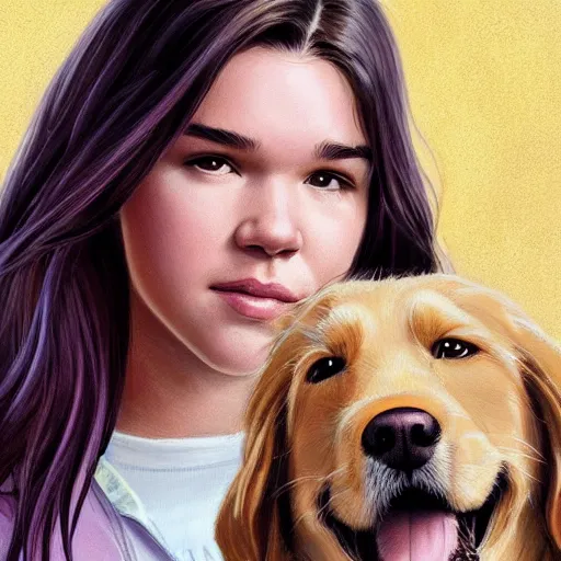 Prompt: Hailee Steinfeld as Kate Bishop facing forward and petting a winking Golden Retriever, Marvel, Hawkeye, blush, intricate, face, cute, elegant, light purple mist, highly detailed, digital painting, artstation, concept art, matte, sharp focus, illustration, art by Artgerm and Greg Rutkowski and Alphonse Mucha