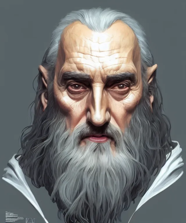 Image similar to portrait saruman, wearing a 3 m reusable full face respirator, caricature, headshot, highly detailed, digital painting, artstation, concept art, sharp focus, cinematic lighting, illustration, art by met mangindaan, artgerm and greg rutkowski, alphonse mucha, cgsociety