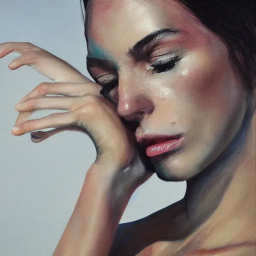 Image similar to fashion model crying underwater, hyperrealism oil painting