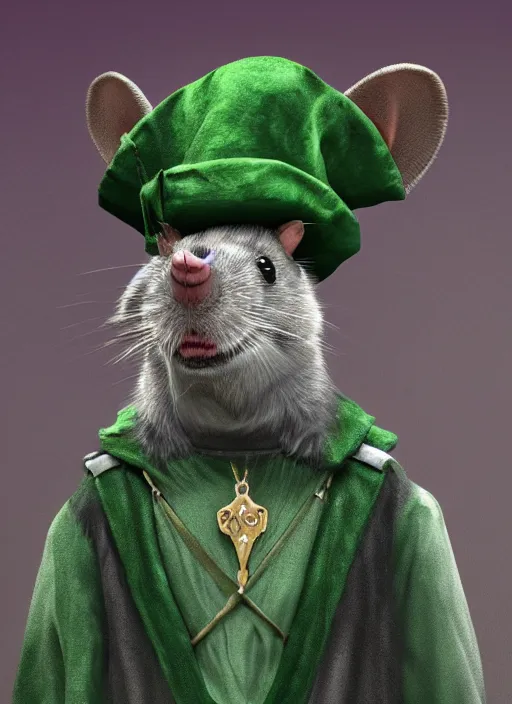 Image similar to gray rat standing on two legs, wearing jewelry, green eyes, tricorne hat, green robe, D&D, digital art, realistic, trending on artstation, 4k