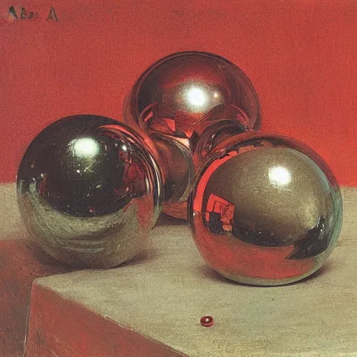 Prompt: chrome spheres on a red cube by alma tadema