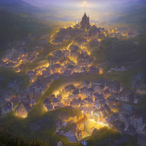 Image similar to aerial view of a hilly medieval town situated below an orb of light hanging in the sky. bright orb, by alan lee by peter mohrbacher, trending on artstation sharp focus vfx key shot