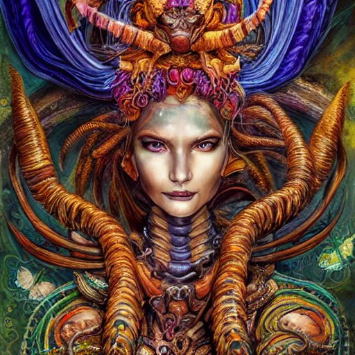 Image similar to portrait of a scorpion goddess, full body shot, fantasy, whimsical, horror, art by josephine wall and and hr geiger and chengwei pan and amanda sage, intricately detailed, highly detailed, luxurious, elegant, clean, unsettling, trending on artstation