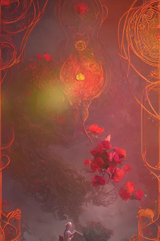 Image similar to Red Rose Garden, Art Nouveau Cosmic 4k Detailed Matte Illustration featured on Getty Images ,CGSociety, Jade and Carrot orange color scheme, Pastiche by Marc Simonetti, Pastiche by Cedric Peyravernay