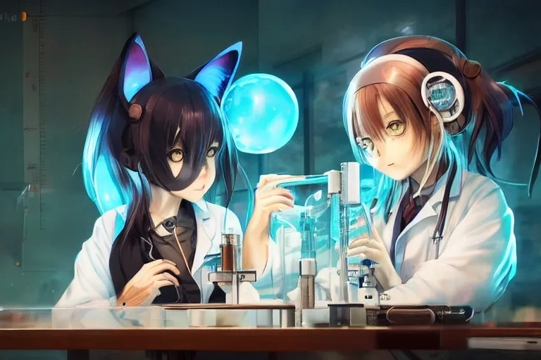 Prompt: anime neko woman scientis with cat ears wearing a lab coat looking at a measuring device on a table, highly detailed illustration, digital art, 4 k, by yoshitaka amano, by greg rutkowski, by dan mumford, beautiful face, warm lighting, atmoshpheric, trending on artstation, octane render