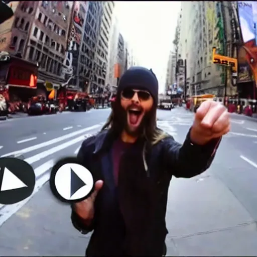 Image similar to bodycam footage of jared leto going crazy pointing a knife at people, new york streets, wide angle, fisheye, uhd, 4 8 0 p, bodycam, paparazzi, bad quality