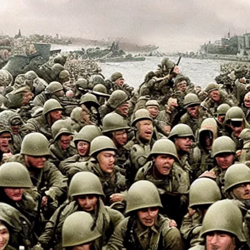 Prompt: movie still from saving private ryan with soldiers replaced with minions, action, d - day