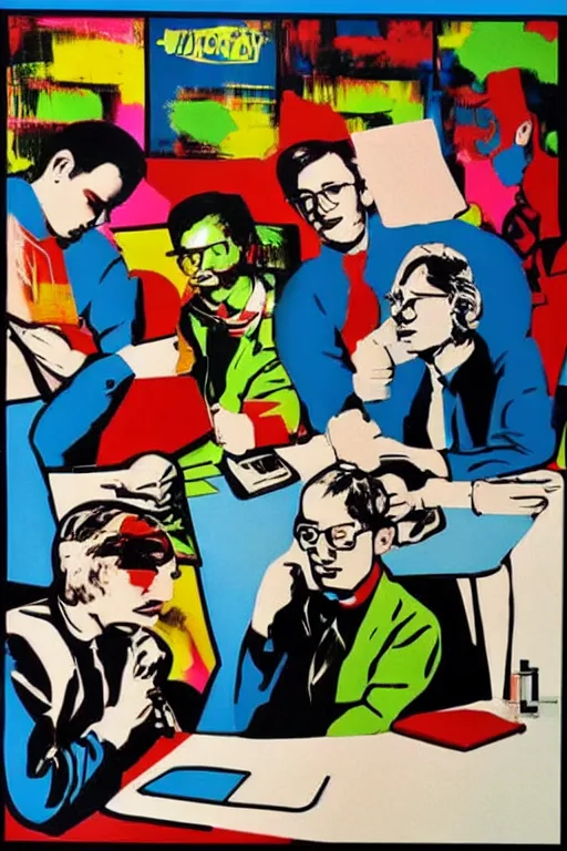 Image similar to 5 men writing code on laptops around a table, pop art, warhol