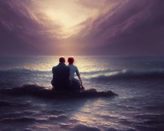 Prompt: couple sitting in front of the ocean, detailed intricate illustration, dark atmosphere, detailed illustration, hd, 4 k, digital art, overdetailed art, by greg rutkowski, by loish, complementing colors, trending on artstation, deviantart