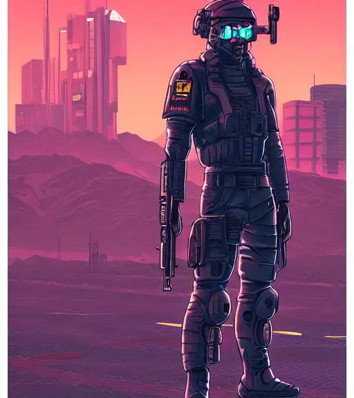 Prompt: a cyberpunk soldier with tactical gear and a rifle patrols a neon city on mars, Industrial Scifi, detailed illustration, character portrait, by Martin Grip and Moebius