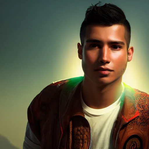 Prompt: portrait art of a good looking young Peruvian man with no facial hair, 8k ultra realistic, lens flare, atmosphere, glow, detailed,intricate, full of colour, cinematic lighting, trending on artstation, 4k, hyperrealistic, focused, extreme details,unreal engine 5, cinematic, masterpiece