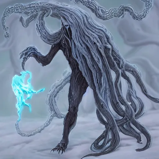 Prompt: concept designs for an ethereal wraith like figure made from dark wispy shadows with a squid like parasite latched onto its head and long tentacle arms that flow lazily but gracefully at its sides like a cloak while it floats around a frozen rocky tundra in the snow searching for lost souls and that hides amongst the shadows in the trees, this character has hydrokinesis and electrokinesis for the resident evil village video game franchise with inspiration from the franchise Bloodborne and the mind flayer from stranger things on netflix in the style of a marvel comic