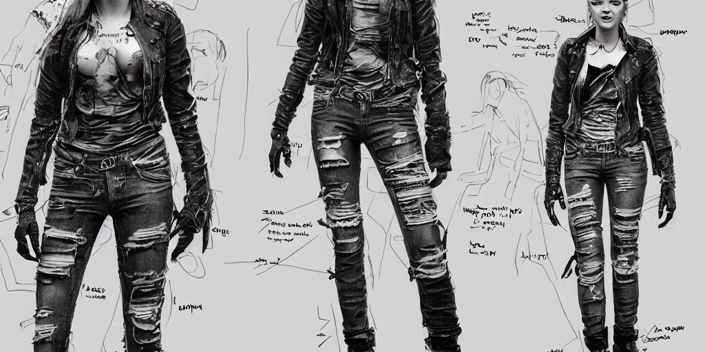 Image similar to samara weaving with her neck fully tattooed, wearing scratched and ripped leather jeans, wearing an aviator outfit with a smiley stamp on its back, character sheet, fine details, props, concept design, contrast, kim jung gi, greg rutkowski, trending on artstation, 8 k, full body, turnaround, front, back, ultra wide angle