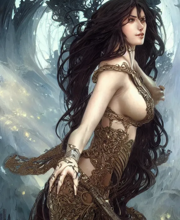 Prompt: portrait of a fantasy woman, half body, d & d, fantasy, intricate, elegant, highly detailed, digital painting, artstation, concept art, art by artgerm and greg rutkowski and alphonse mucha, luis royo